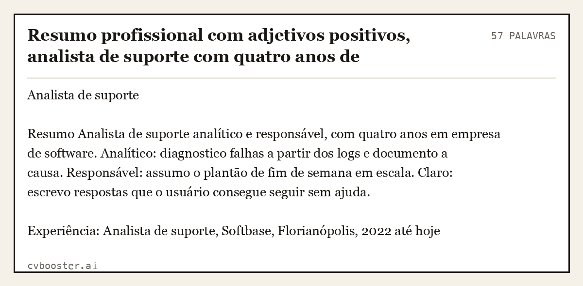 Exemplo completo: Resumo profissional com adjetivos positivos, analista de suporte com quatro anos de experiência, 57 palavras