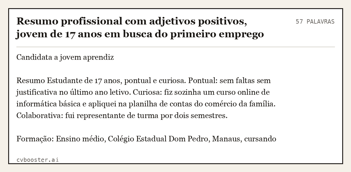 Exemplo completo: Resumo profissional com adjetivos positivos, jovem de 17 anos em busca do primeiro emprego, 57 palavras