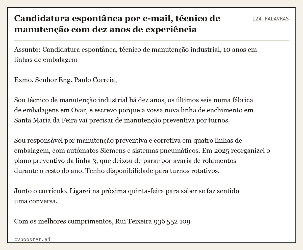 Exemplo completo: Candidatura espontânea por e-mail, técnico de manutenção com dez anos de experiência, 124 palavras