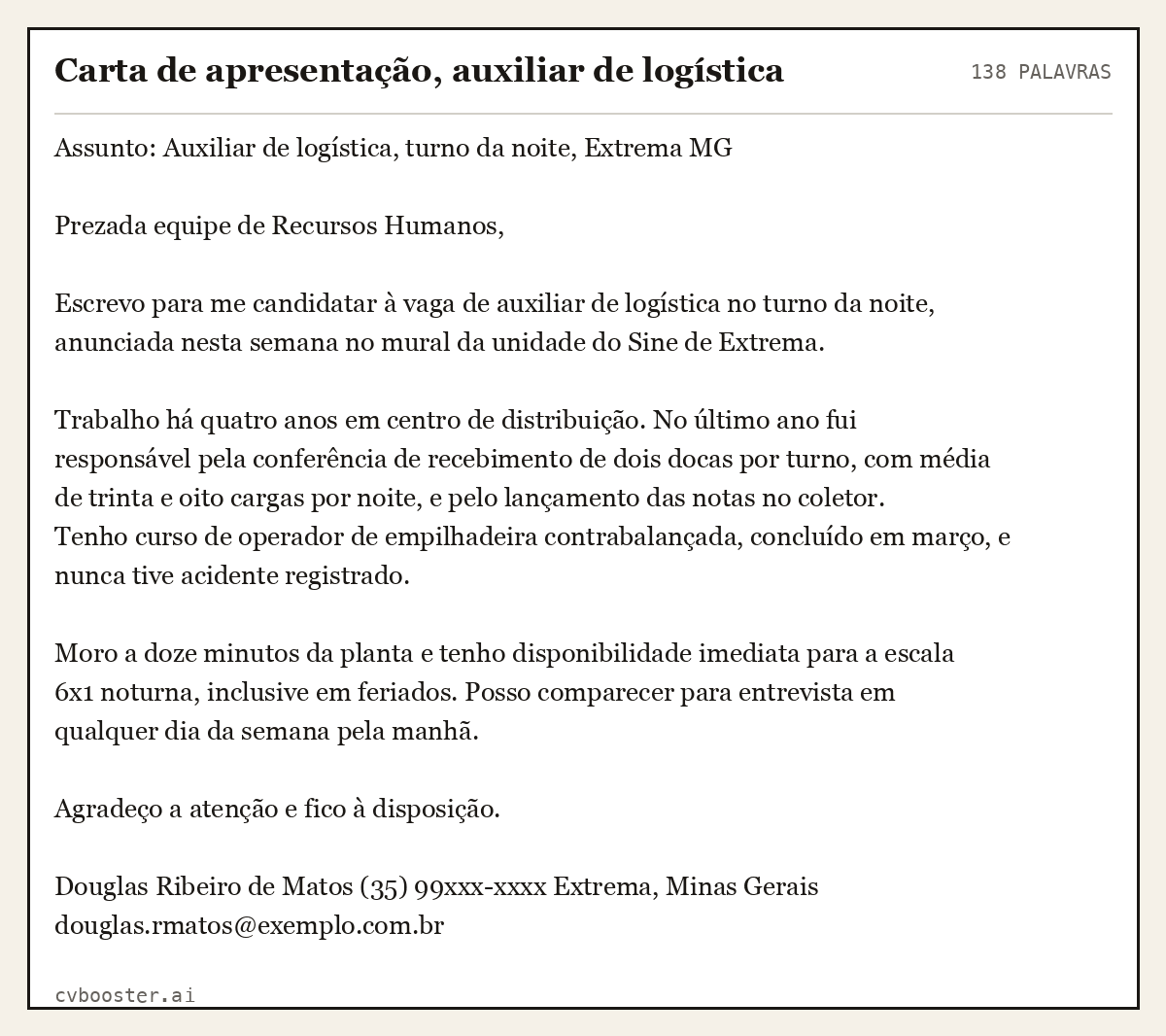Exemplo completo: Carta de apresentação, auxiliar de logística, 138 palavras