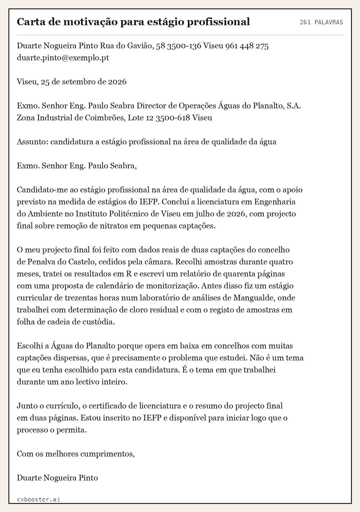 Exemplo completo: Carta de motivação para estágio profissional, 261 palavras
