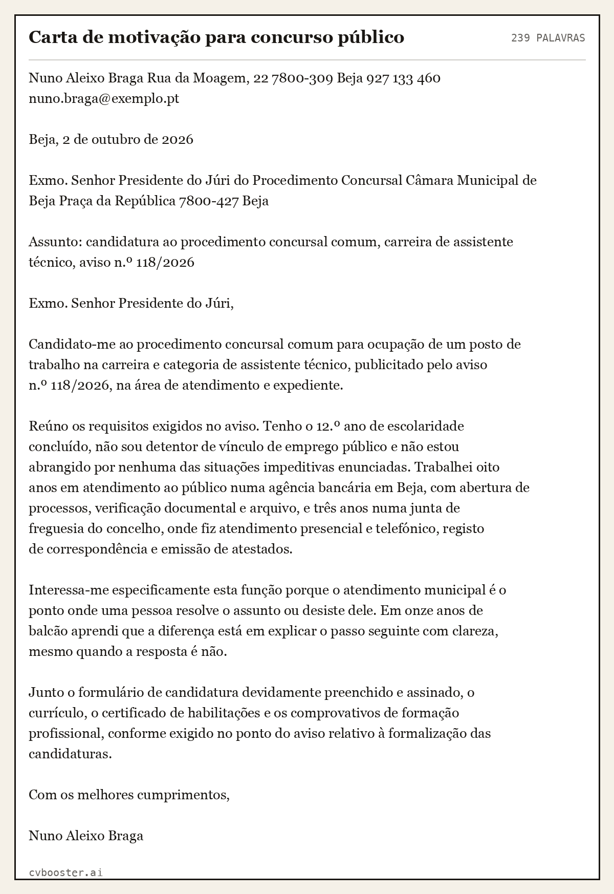 Exemplo completo: Carta de motivação para concurso público, 239 palavras