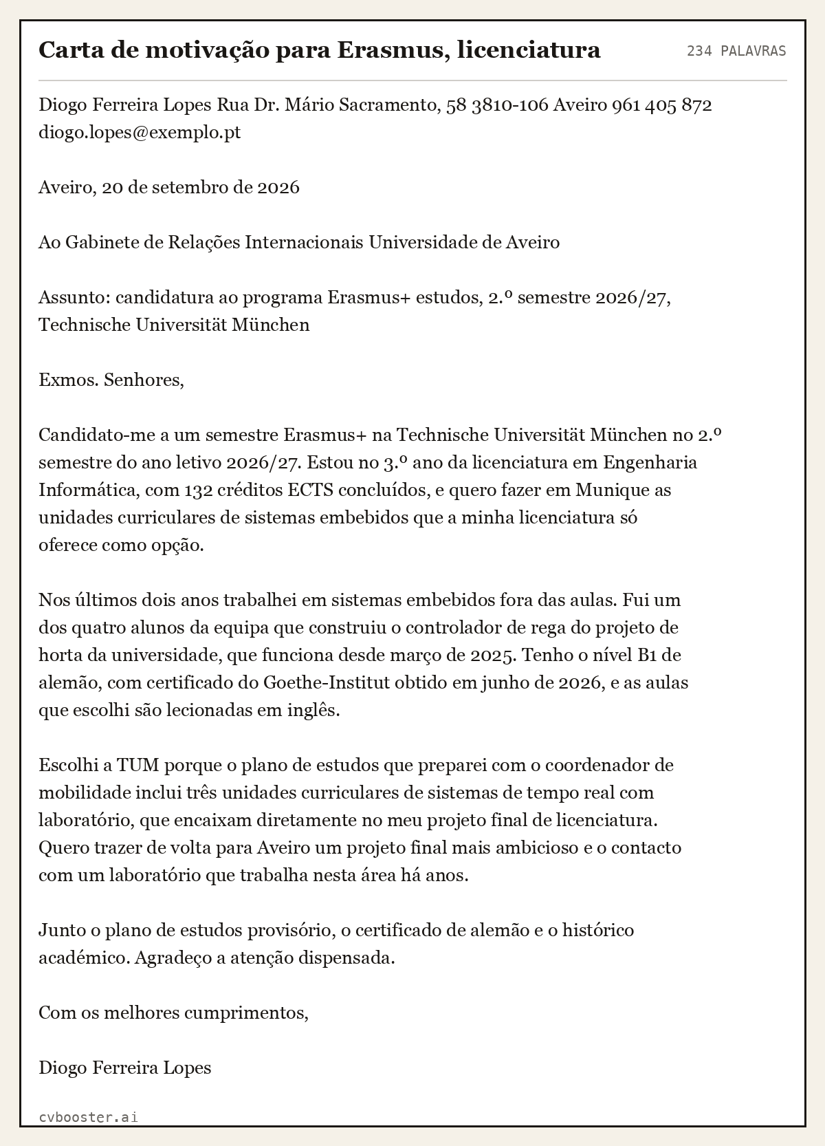 Exemplo completo: Carta de motivação para Erasmus, licenciatura, 234 palavras