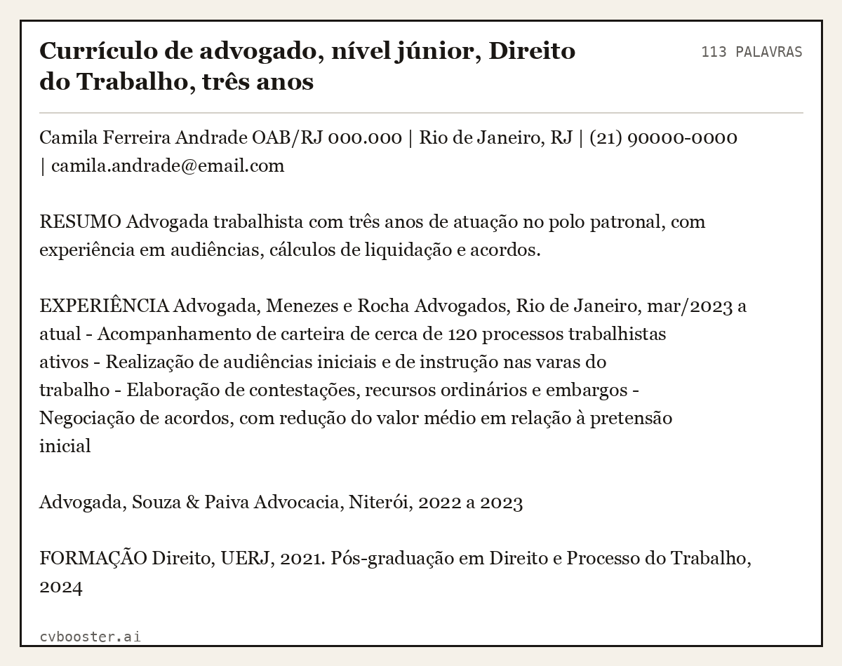 Exemplo completo: Currículo de advogado, nível júnior, Direito do Trabalho, três anos, 113 palavras