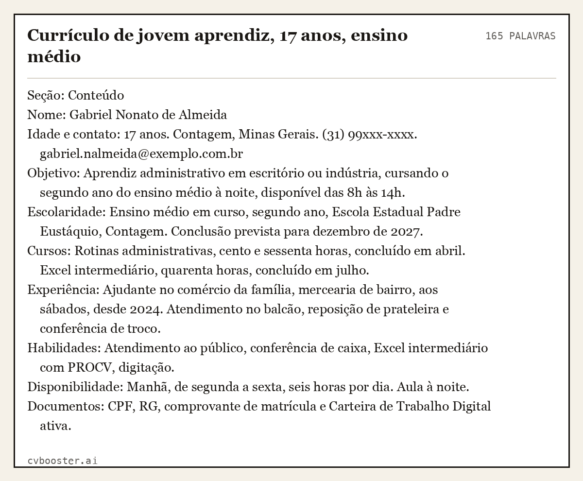 Exemplo completo: Currículo de jovem aprendiz, 17 anos, ensino médio, 165 palavras