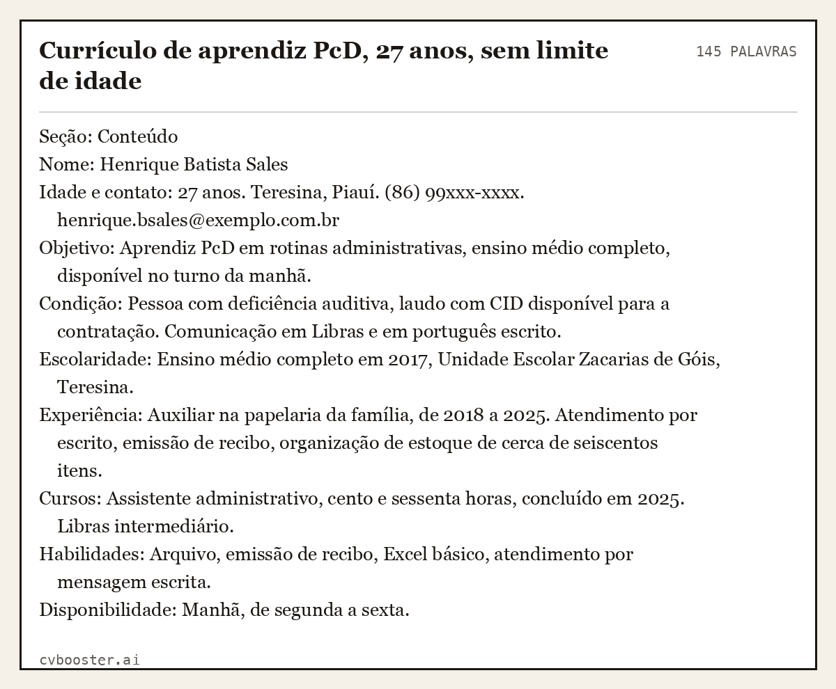 Exemplo completo: Currículo de aprendiz PcD, 27 anos, sem limite de idade, 145 palavras