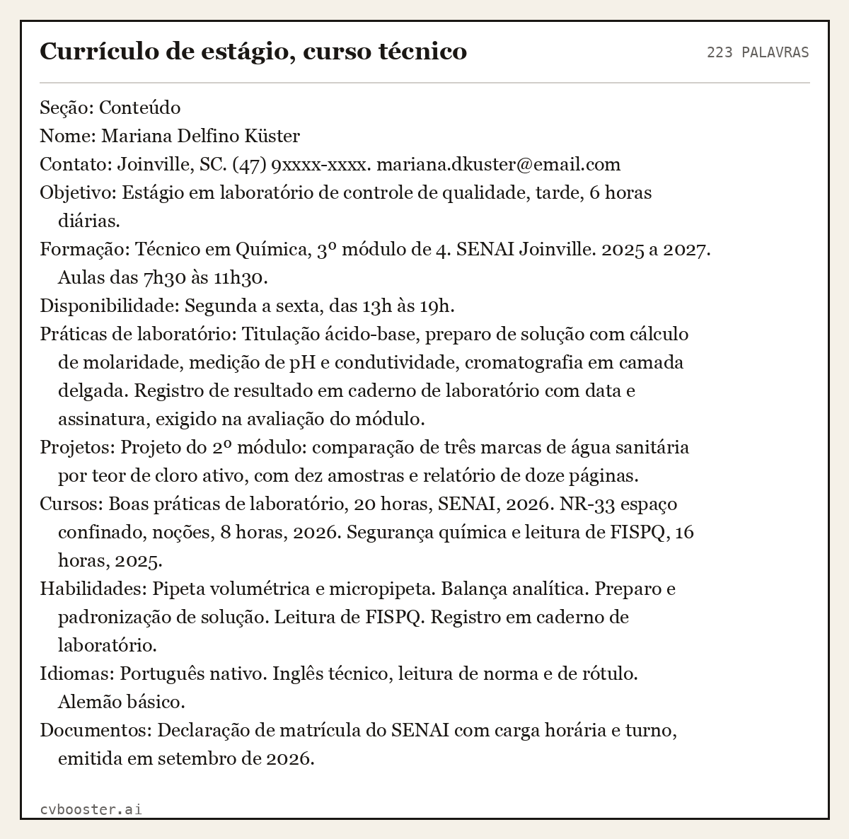 Exemplo completo: Currículo de estágio, curso técnico, 223 palavras