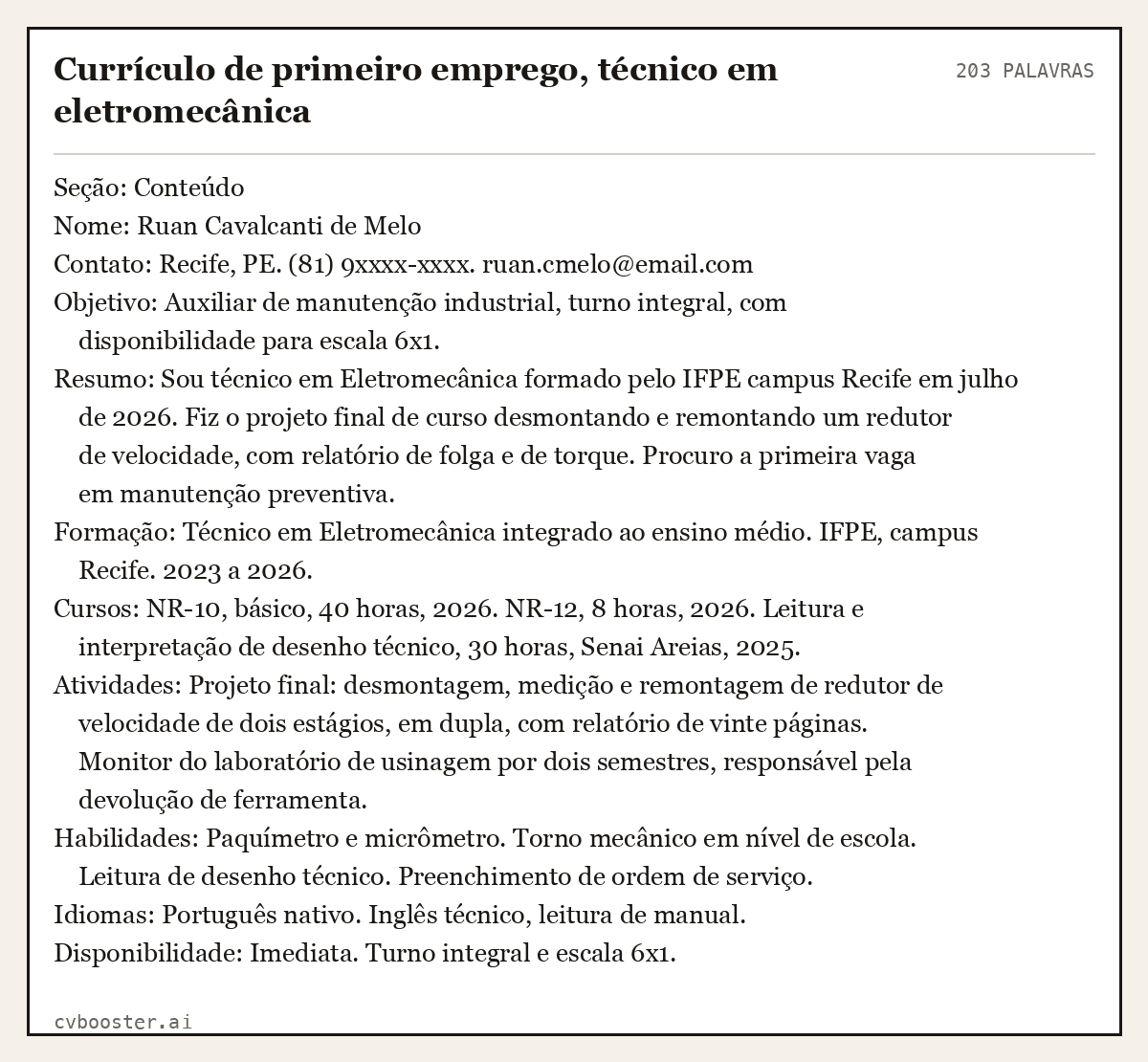 Exemplo completo: Currículo de primeiro emprego, técnico em eletromecânica, 203 palavras