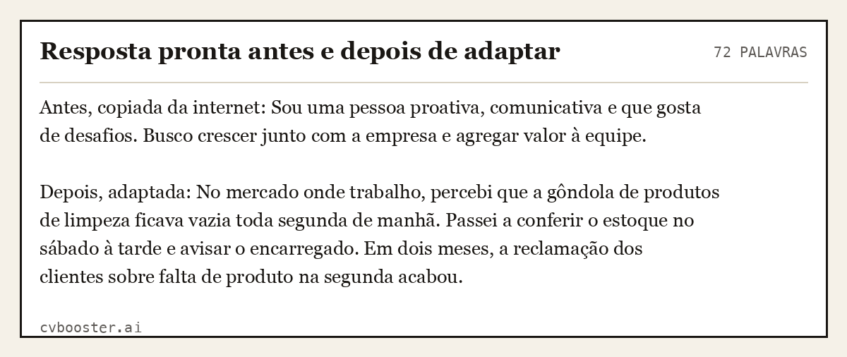 Exemplo completo: Resposta pronta antes e depois de adaptar, 72 palavras