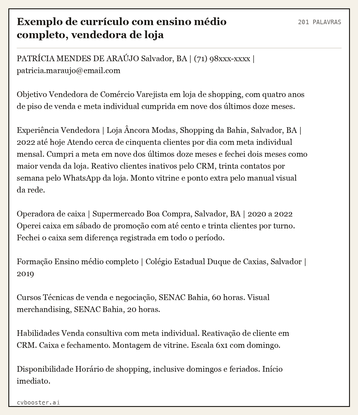 Exemplo completo: Exemplo de currículo com ensino médio completo, vendedora de loja, 201 palavras