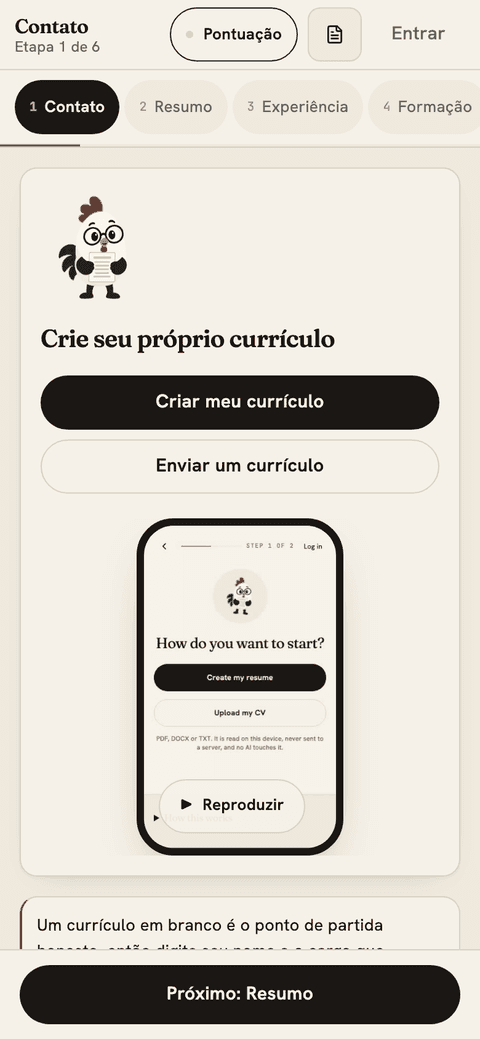 Tela do CVBooster no navegador do celular: criar currículo, etapa 1 de 6, contato