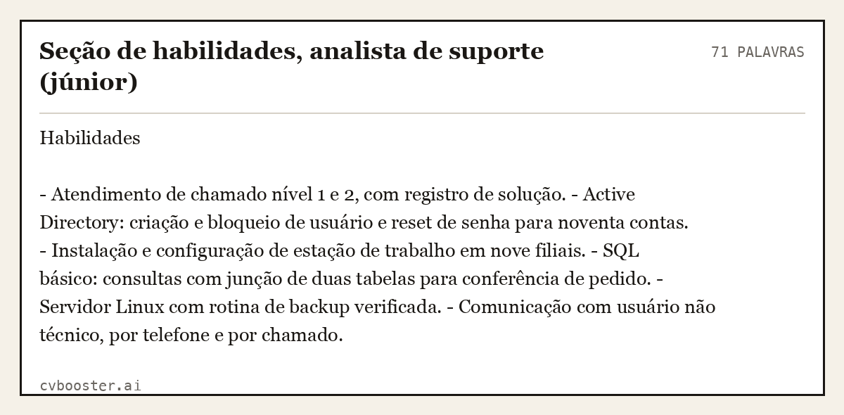 Exemplo completo: Seção de habilidades, analista de suporte (júnior), 71 palavras