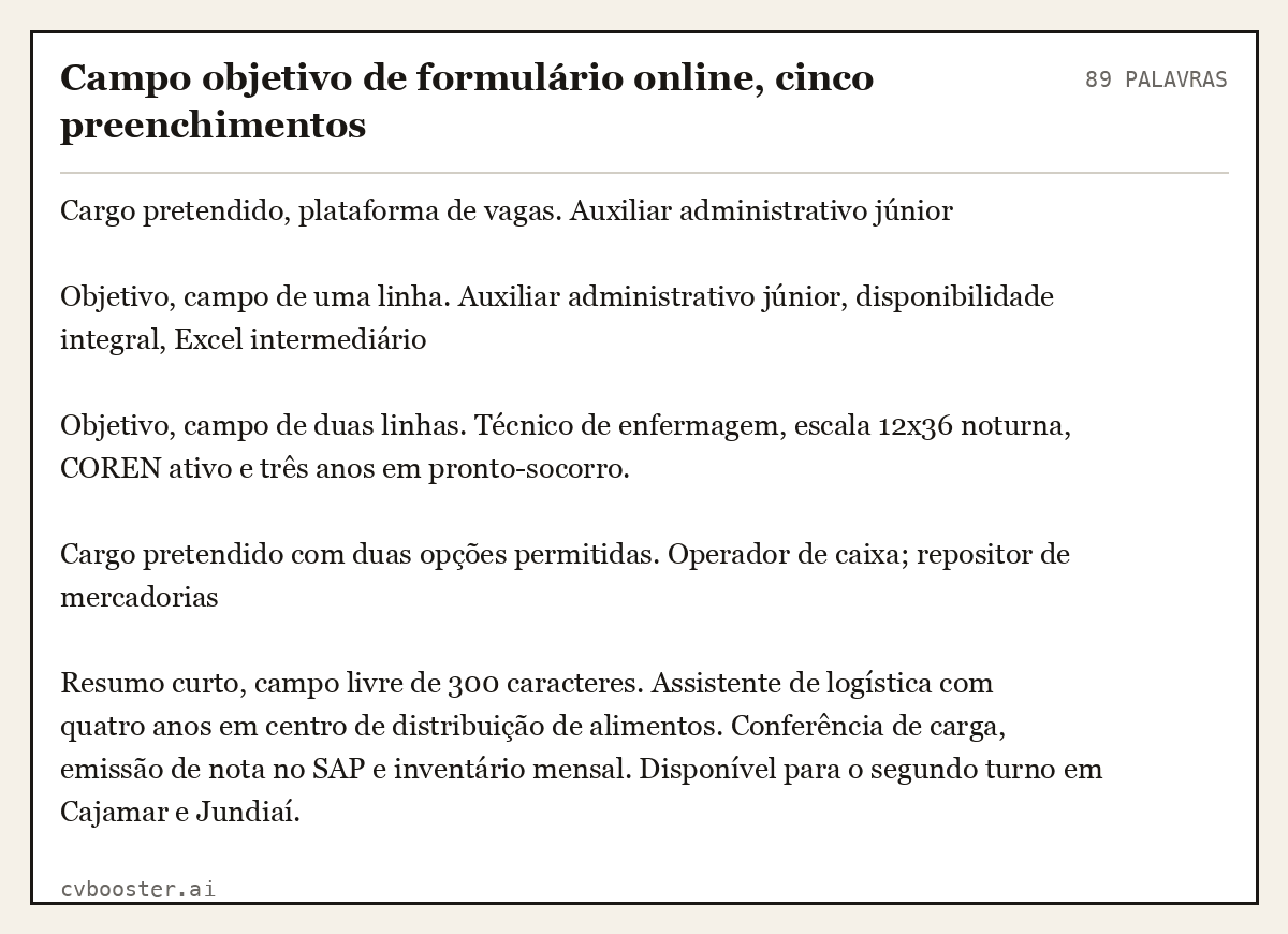 Exemplo completo: Campo objetivo de formulário online, cinco preenchimentos, 89 palavras