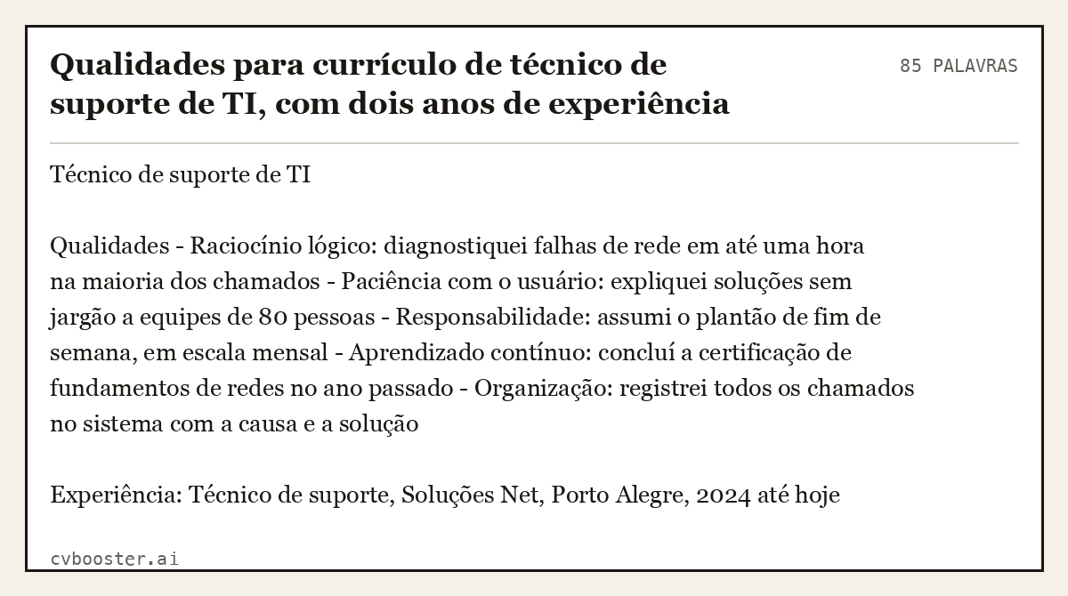 Exemplo completo: Qualidades para currículo de técnico de suporte de TI, com dois anos de experiência, 85 palavras