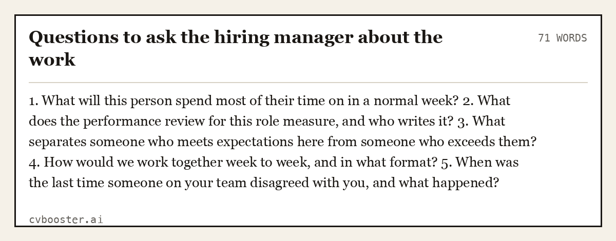 Complete Questions to ask the hiring manager about the work example, 71 words, laid out as it would sit in the application form