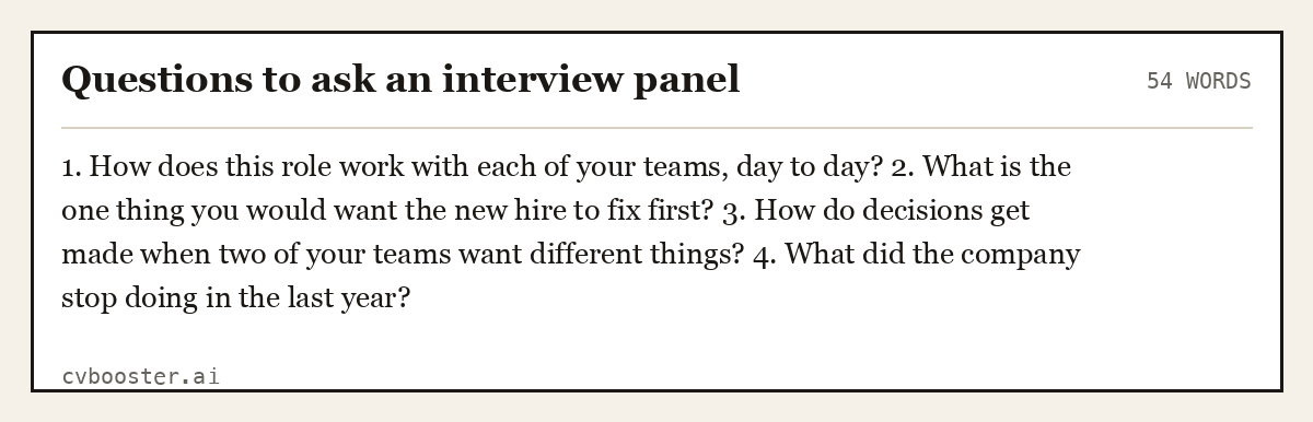 Complete Questions to ask an interview panel example, 54 words, laid out as it would sit in the application form