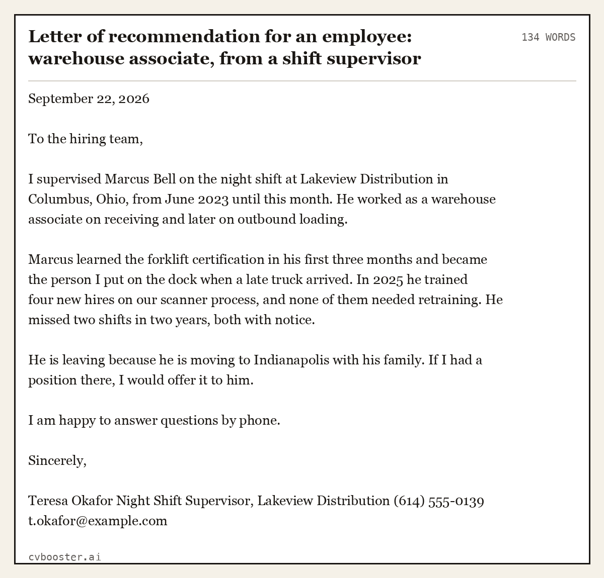 Complete Letter of recommendation for an employee: warehouse associate, from a shift supervisor example, 134 words, laid out as it would sit in the application form