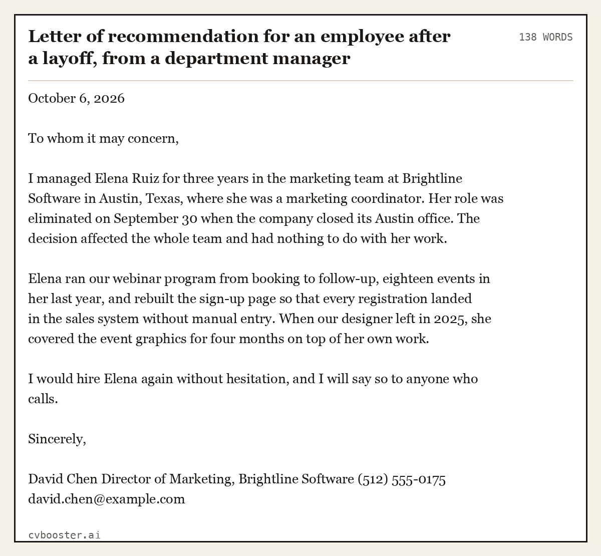 Complete Letter of recommendation for an employee after a layoff, from a department manager example, 138 words, laid out as it would sit in the application form