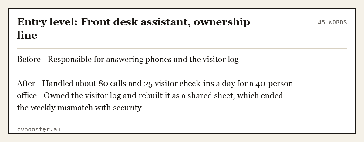 Entry level: Front desk assistant, ownership line, complete example, 45 words