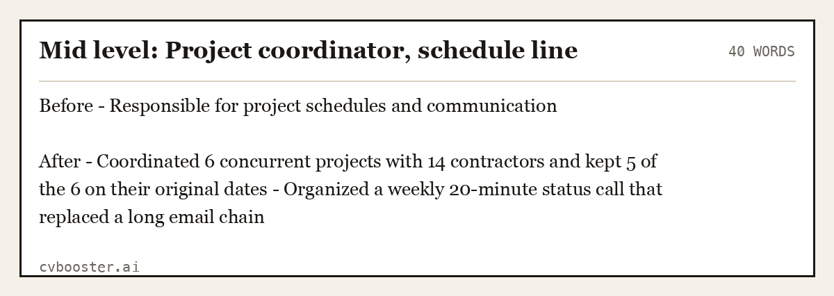 Complete Mid level: Project coordinator, schedule line example, 40 words, laid out as it would sit in the application form
