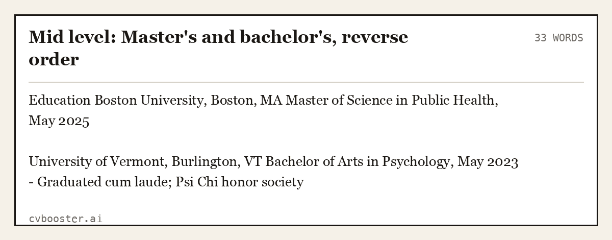 Mid level: Master's and bachelor's, reverse order, complete example, 33 words