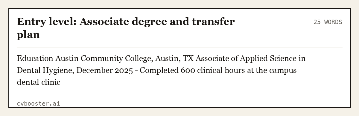 Complete Entry level: Associate degree and transfer plan example, 25 words, laid out as it would sit in the application form
