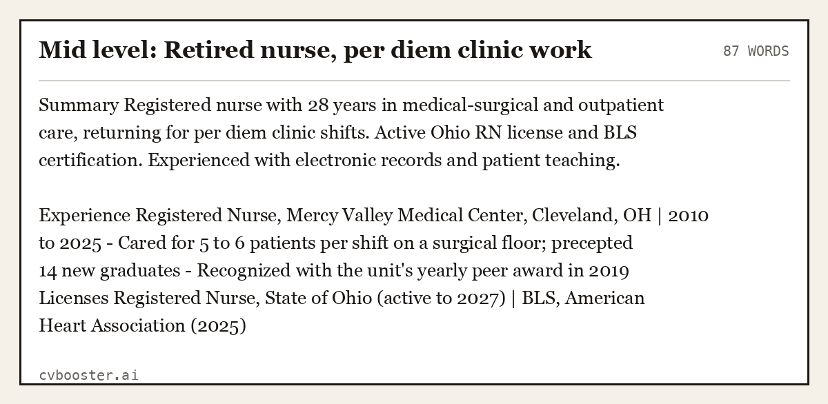 Complete Mid level: Retired nurse, per diem clinic work example, 87 words, laid out as it would sit in the application form