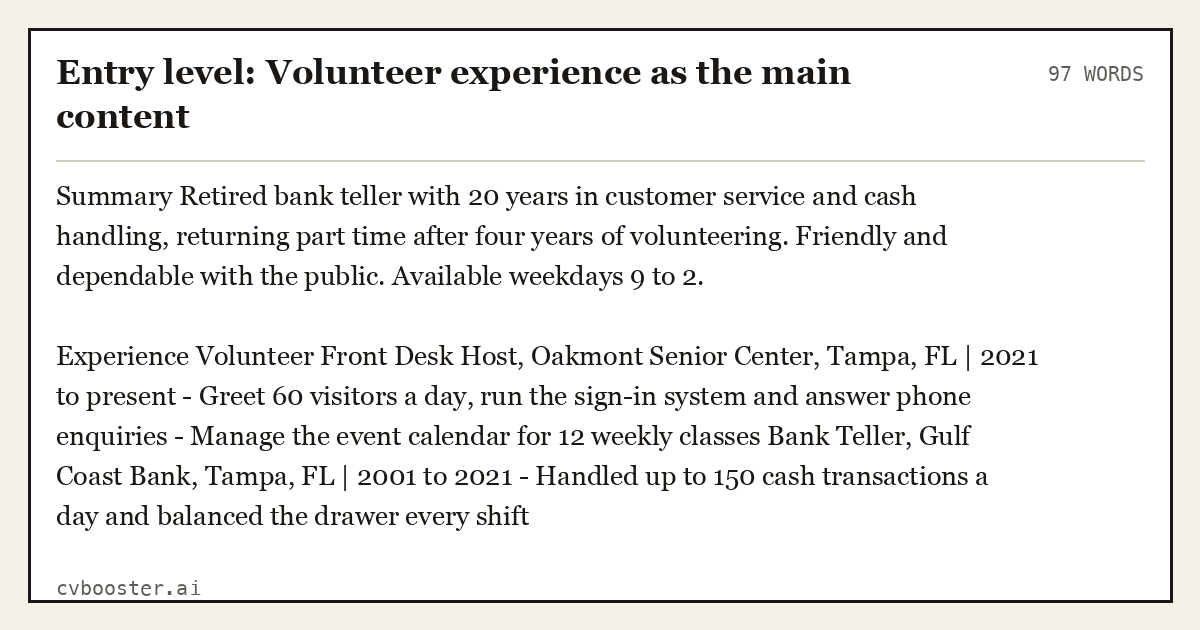 Entry level: Volunteer experience as the main content, complete example, 97 words
