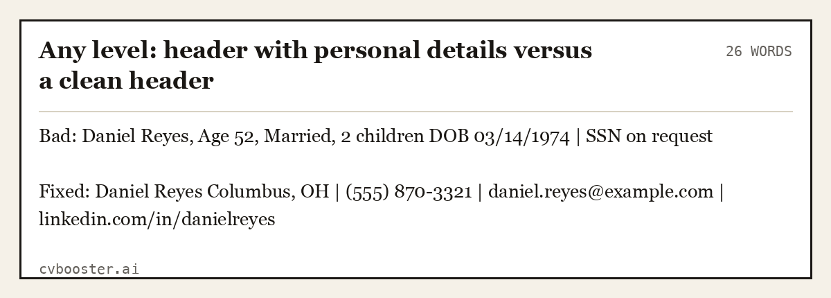 Complete Any level: header with personal details versus a clean header example, 26 words, laid out as it would sit in the application form