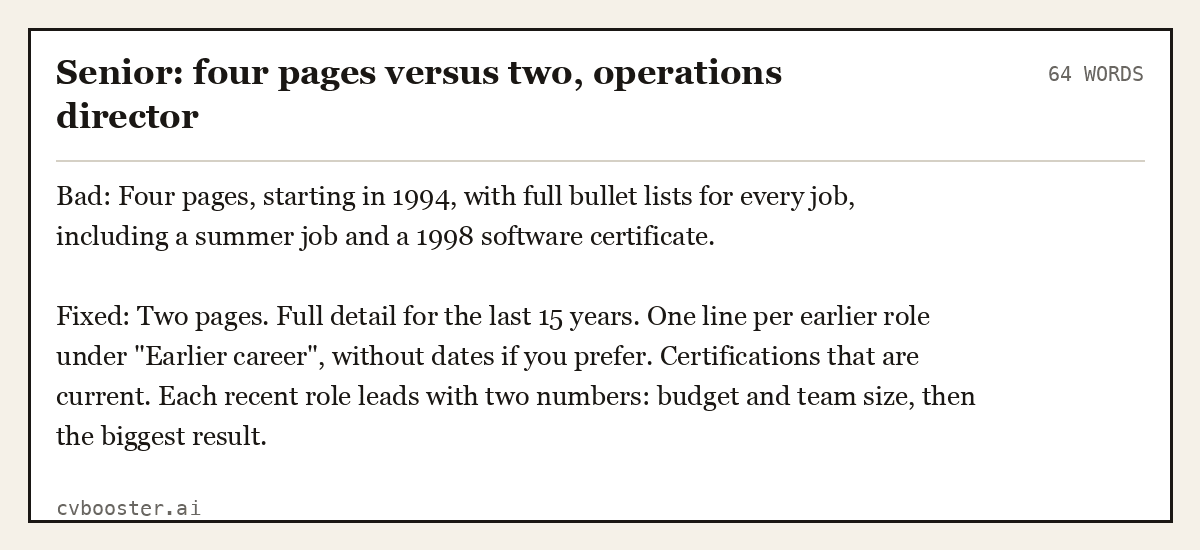 Complete Senior: four pages versus two, operations director example, 64 words, laid out as it would sit in the application form