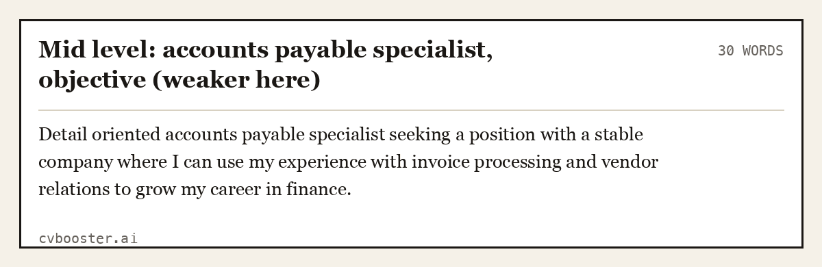 Complete Mid level: accounts payable specialist, objective (weaker here) example, 30 words, laid out as it would sit in the application form