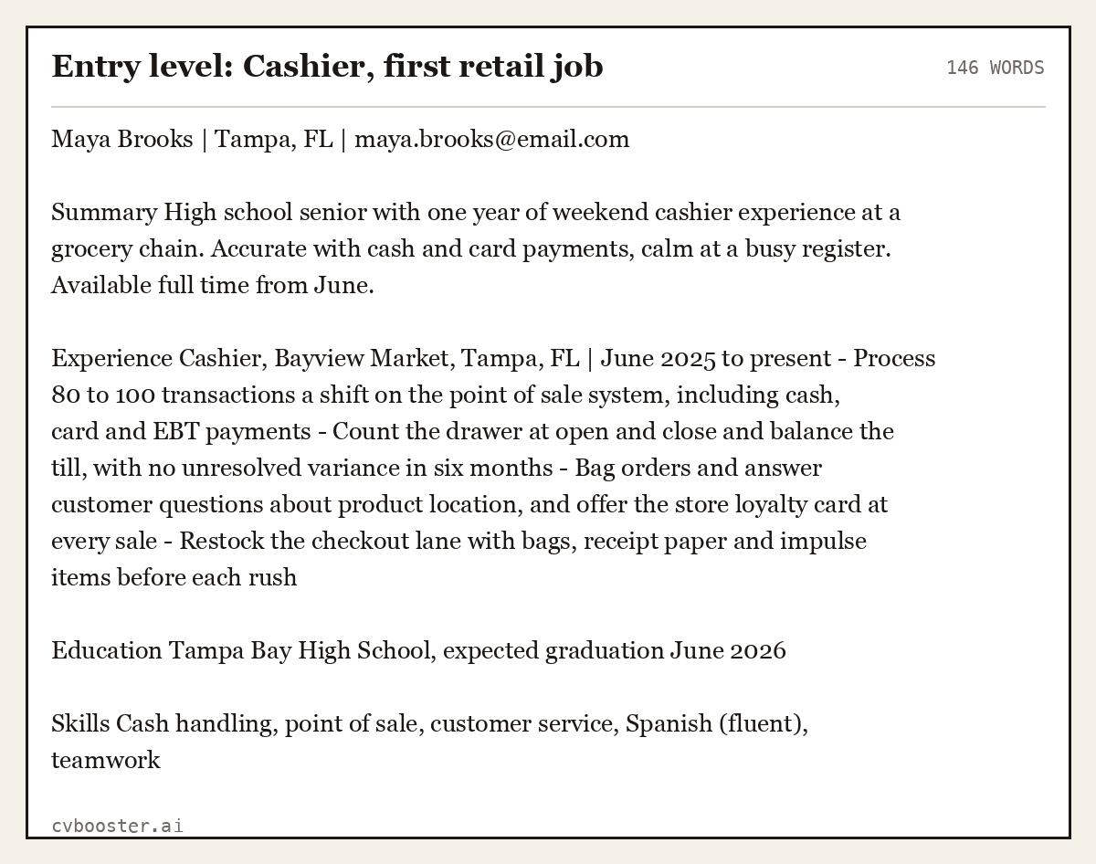 Complete Entry level: Cashier, first retail job example, 146 words, laid out as it would sit in the application form