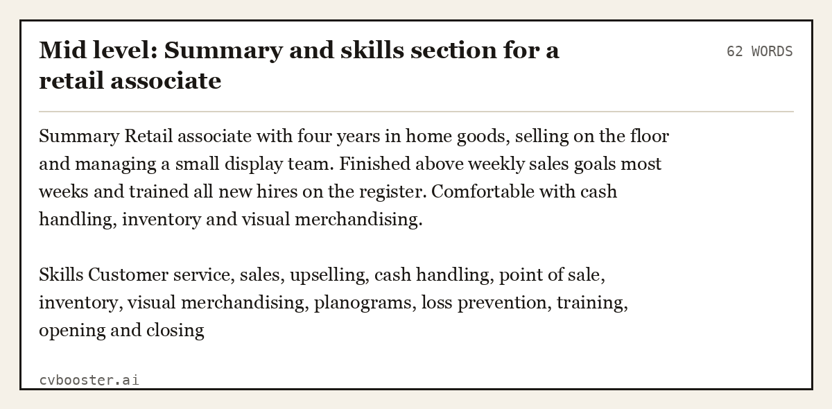 Mid level: Summary and skills section for a retail associate, complete example, 62 words