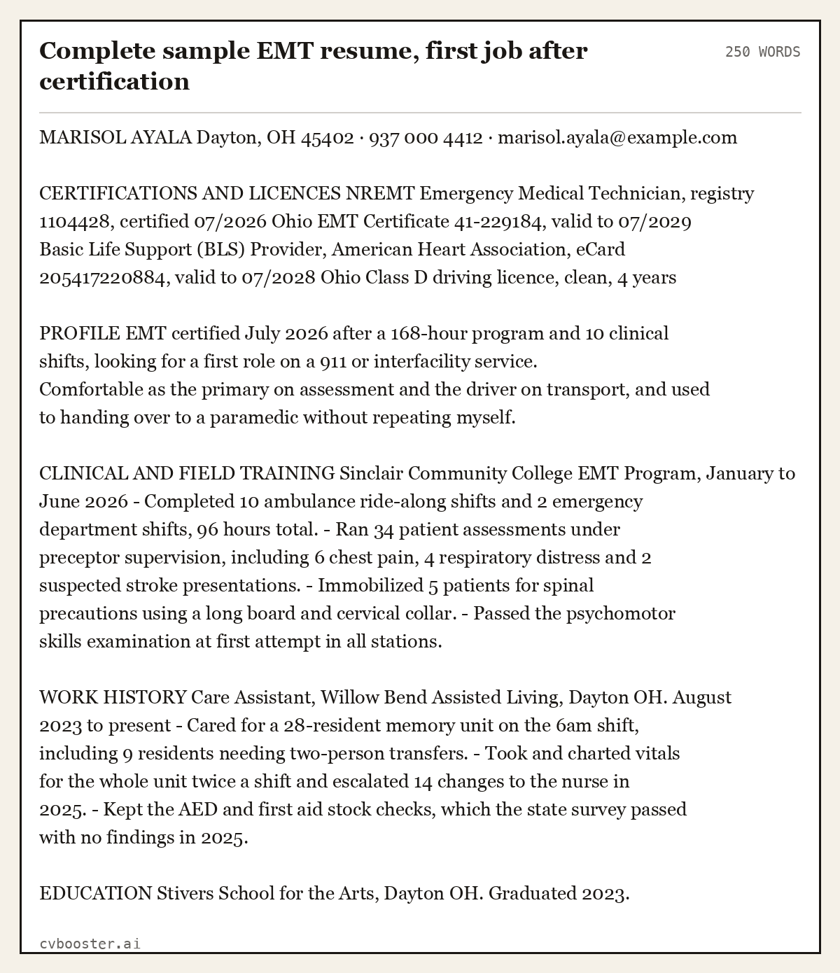 Complete sample EMT resume, first job after certification example, 250 words, laid out as it would sit in the application form