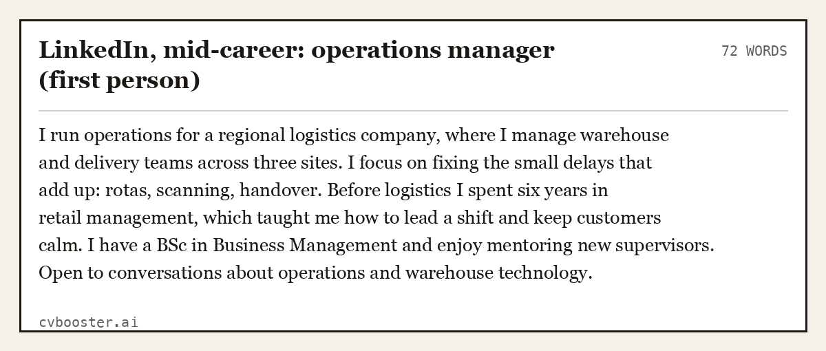 LinkedIn, mid-career: operations manager (first person), complete example, 72 words