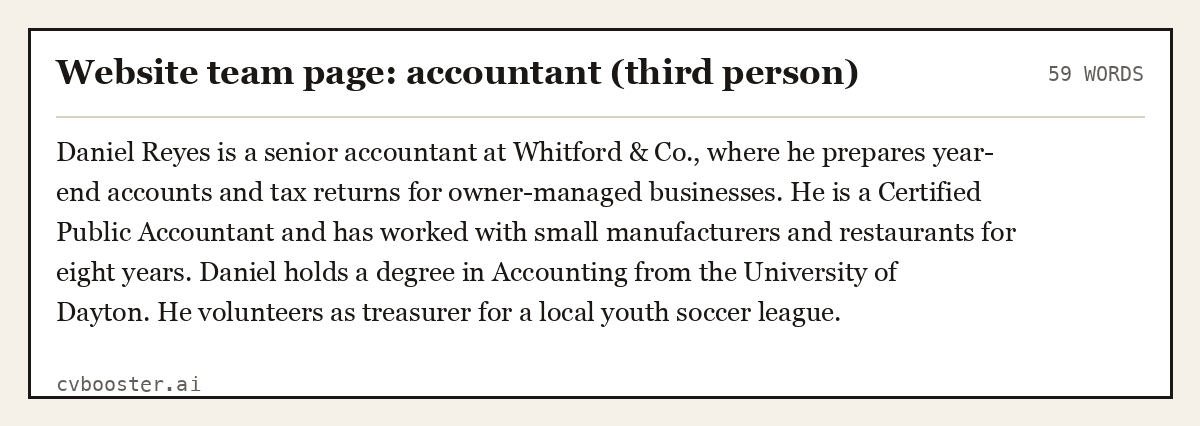 Complete Website team page: accountant (third person) example, 59 words, laid out as it would sit in the application form