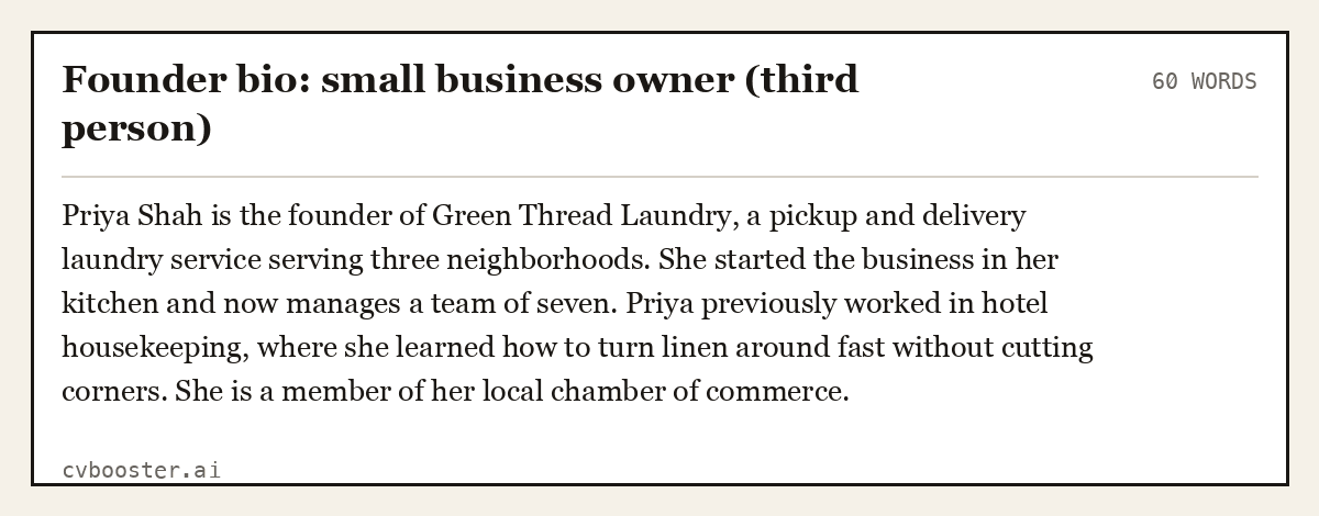 Complete Founder bio: small business owner (third person) example, 60 words, laid out as it would sit in the application form