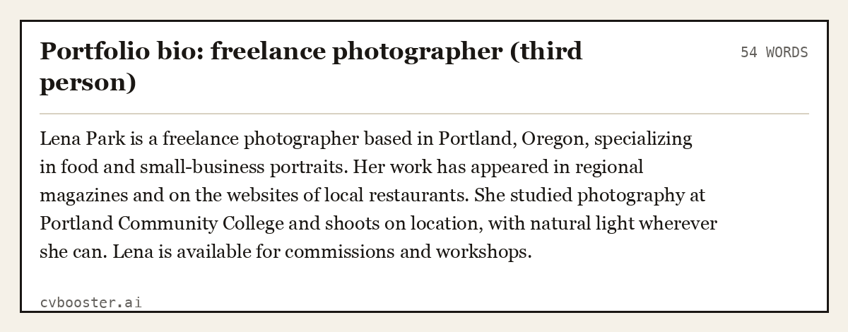 Portfolio bio: freelance photographer (third person), complete example, 54 words