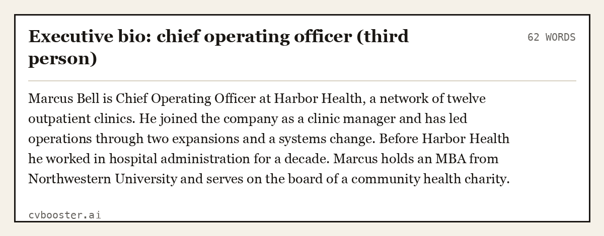 Executive bio: chief operating officer (third person), complete example, 62 words