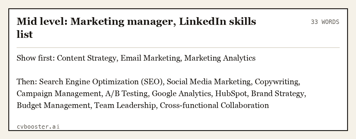 Mid level: Marketing manager, LinkedIn skills list, complete example, 33 words