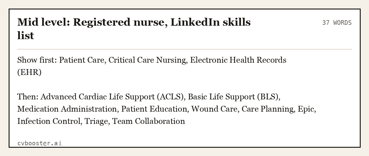 Mid level: Registered nurse, LinkedIn skills list, complete example, 37 words