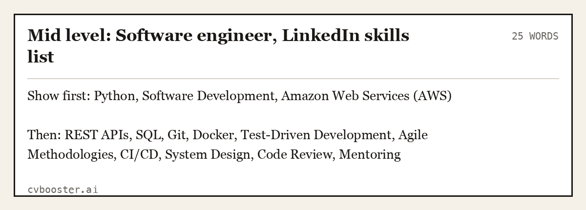 Mid level: Software engineer, LinkedIn skills list, complete example, 25 words