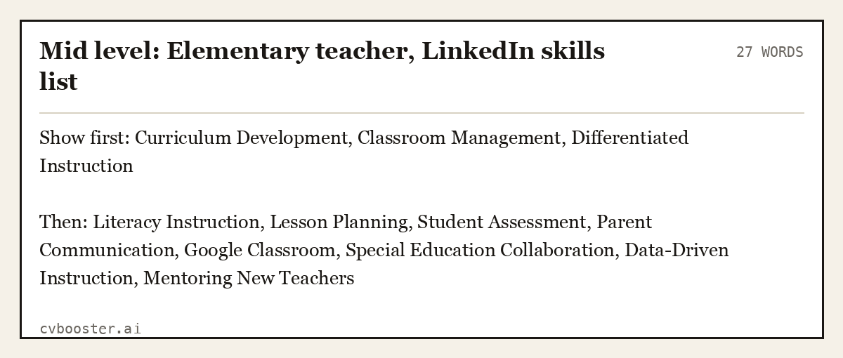 Mid level: Elementary teacher, LinkedIn skills list, complete example, 27 words