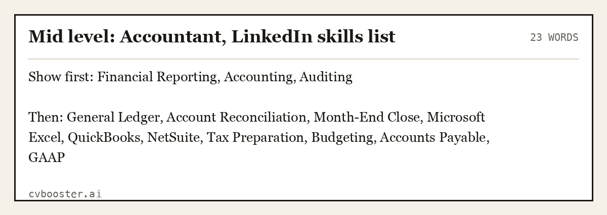 Complete Mid level: Accountant, LinkedIn skills list example, 23 words, laid out as it would sit in the application form