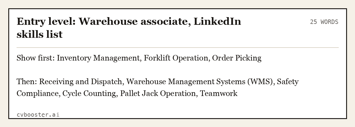 Entry level: Warehouse associate, LinkedIn skills list, complete example, 25 words