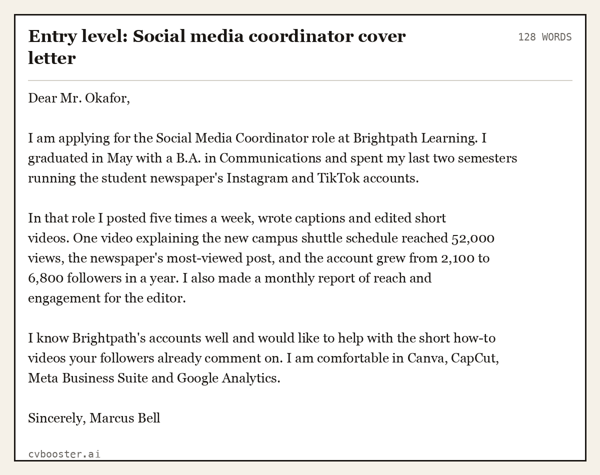Entry level: Social media coordinator cover letter, complete example, 128 words