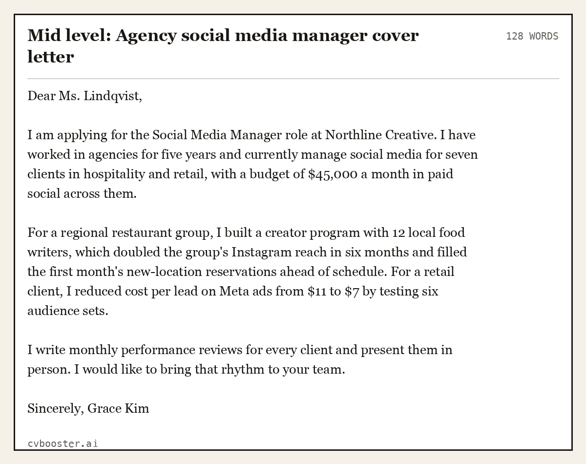 Mid level: Agency social media manager cover letter, complete example, 128 words