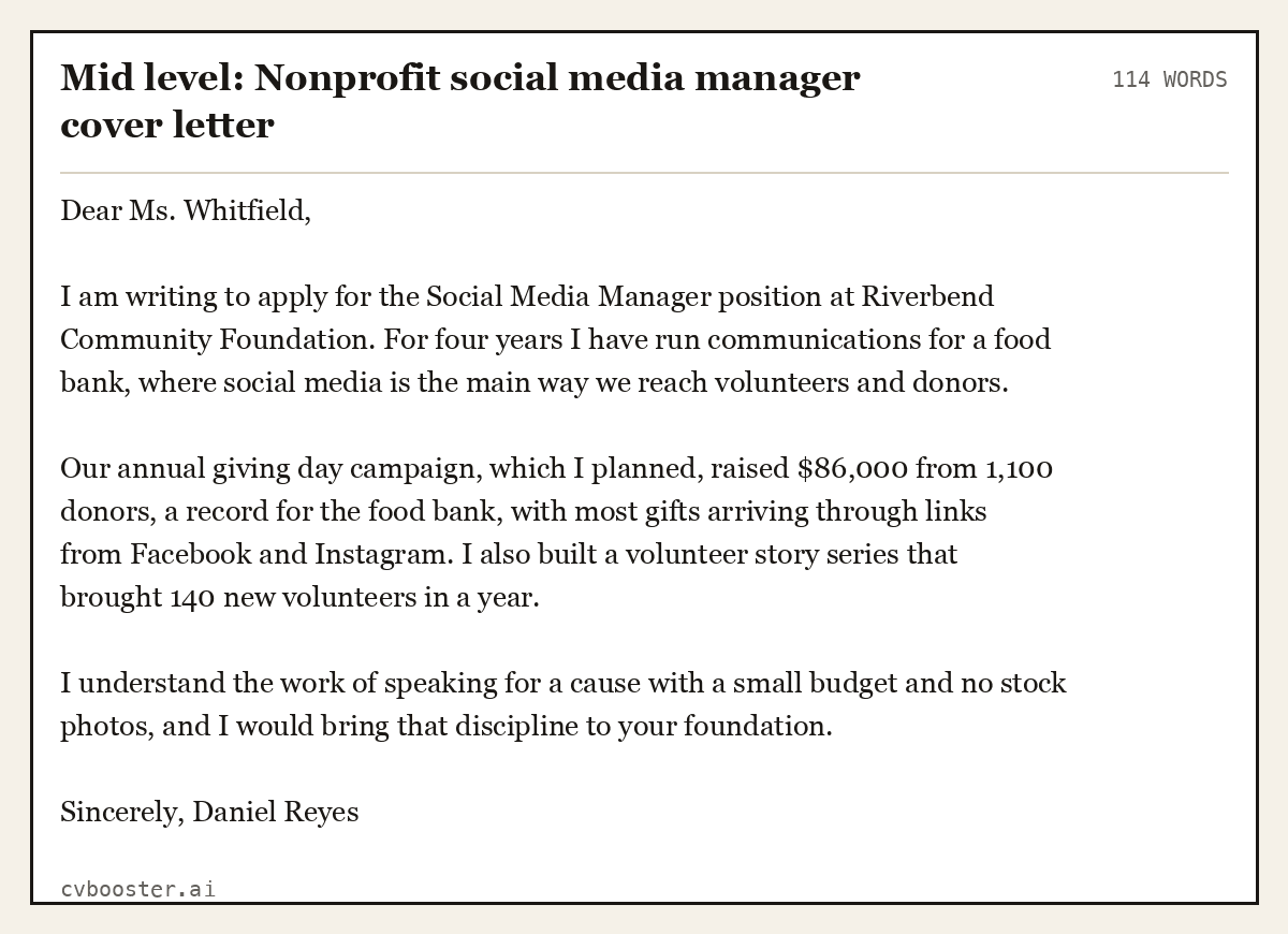 Mid level: Nonprofit social media manager cover letter, complete example, 114 words