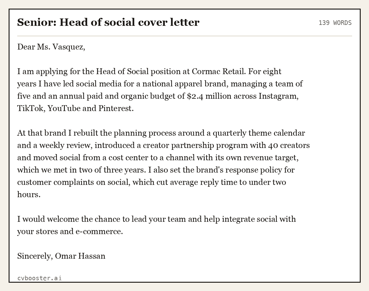 Complete Senior: Head of social cover letter example, 139 words, laid out as it would sit in the application form