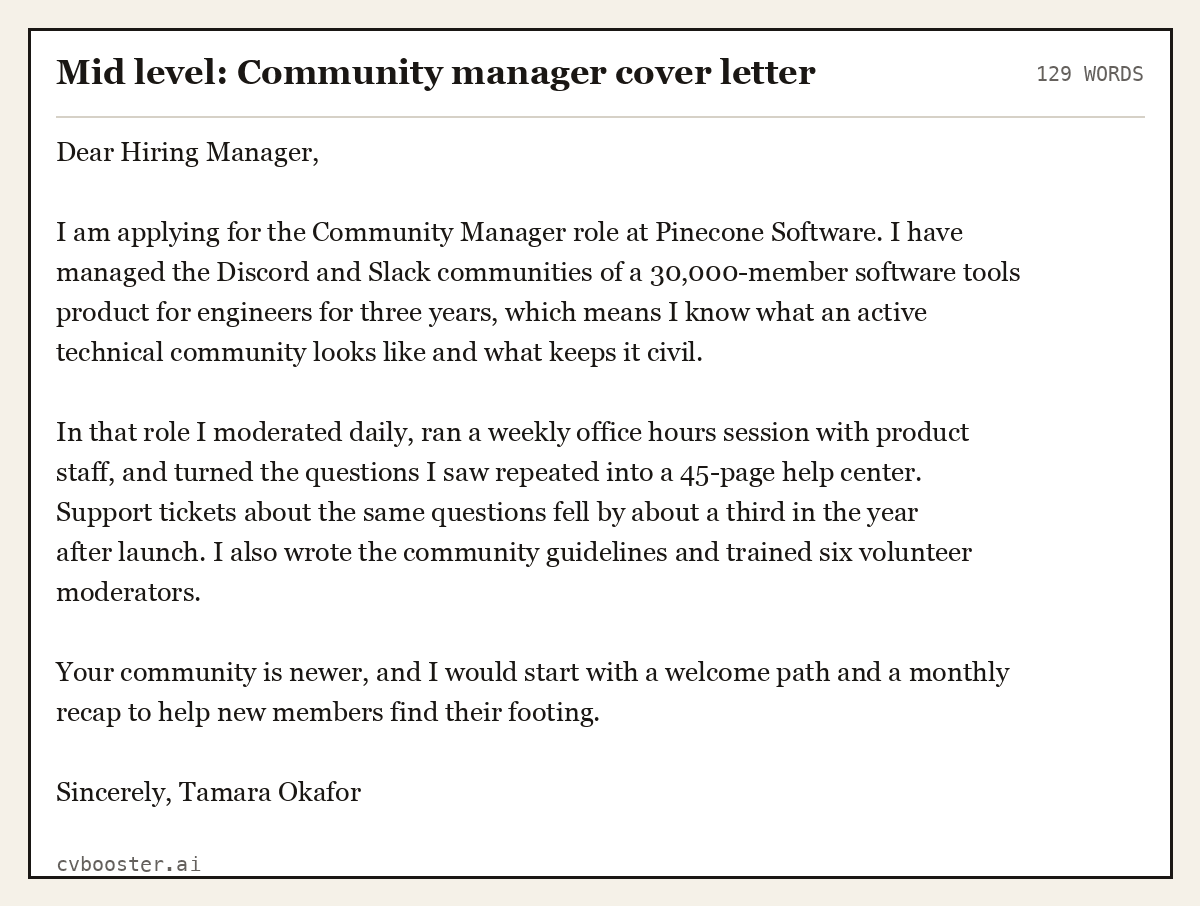 Complete Mid level: Community manager cover letter example, 129 words, laid out as it would sit in the application form